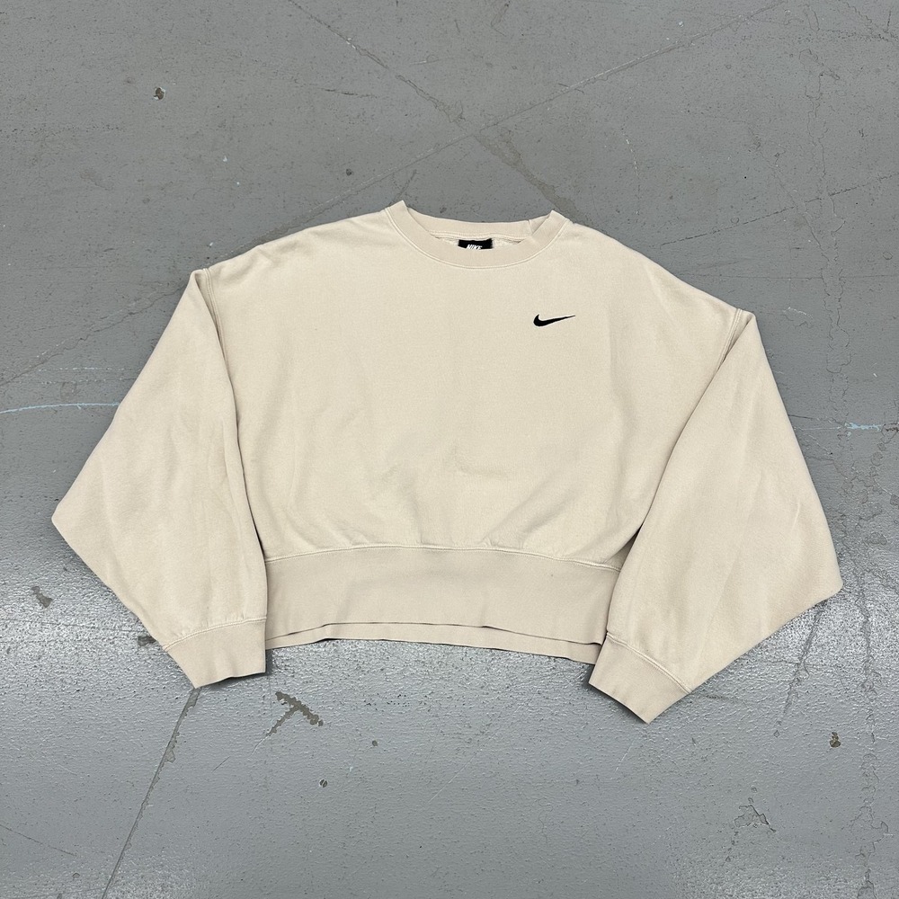 Nike Sweatshirt Womens Small Beige Cropped Crewneck Pullover Fleece Swoosh Logo
